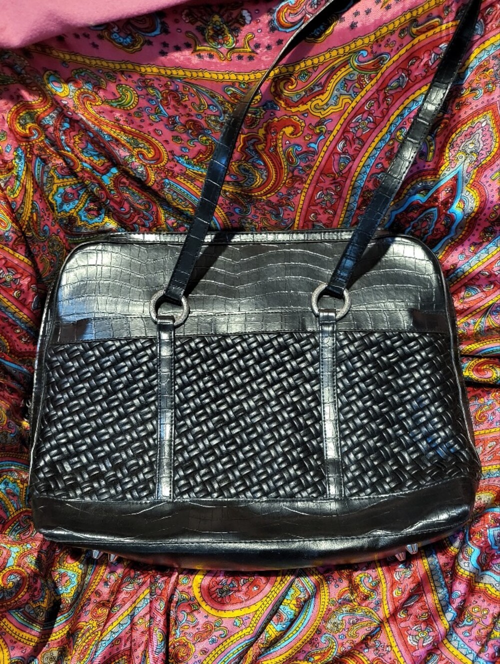 Coldwater Creek Hampton Computer Laptop Bag Black Faux Leather Woven Reptile - Picture 2 of 4